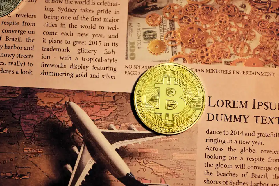 Una moneta Bitcoin dorata appoggiata su un giornale